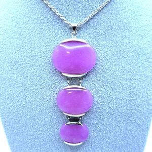 Sterling Silver Signed Lilac tint Pink Kunzite Cabochon, Rhodium Plated Necklace